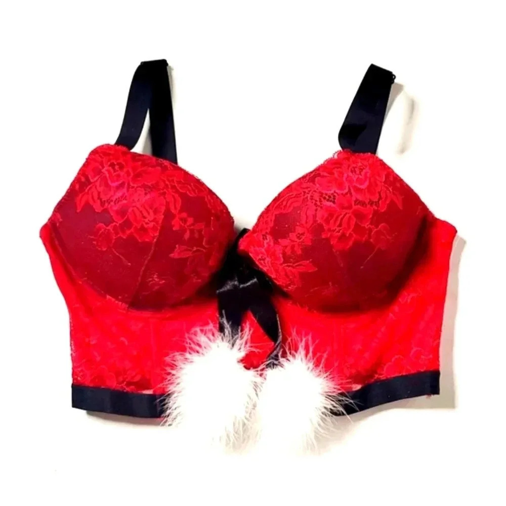 Lasenza Corset Bustier Red Fur Pom pom Sz Medium Black broad adjustable …